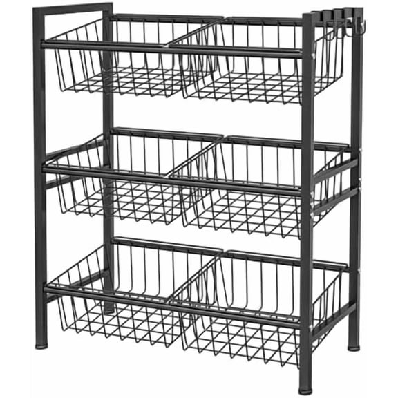 Kitchen Storage Basket Shelf, Snack Basket Shelf, 3 Tier Fruit Vegetable Basket Stand, Metal Pantry Storage with 6 Stackable Wire Baskets, Black$$Home Decor, Kitchen, & Other