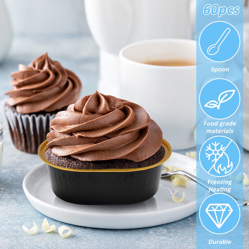 Lot de 100 moules à gâteau en feuille d'aluminium résistants à la chaleur avec couvercles transparents - Mini moules à gâteau ovales réutilisables pour gâteau, fromage, dessert (noir doré