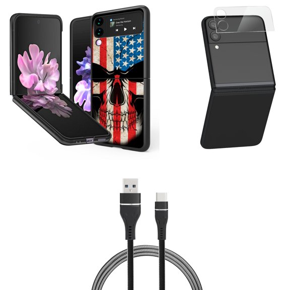 Bemz Premium Bundle for Samsung Galaxy Z Flip 3 5G: Slim Snap-On Protector Case (American Flag Skull), Rear Camera Glass Protector, Nylon Braided USB-C to USB-A Cable (3 Feet)