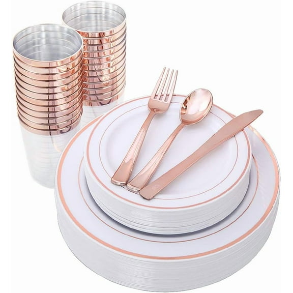 150 Pcs Rose Gold Plastic Plates with Disposable Rose Gold Cutlery, Includes: 25 Dinner Plate 10.25", 25 Dessert Plates 7.5", 25 C s 9OZ and 25 lverware for Wedding