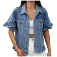 thumbnail image 1 of Floleo Veste en Denim Classique pour Femmes, Col Rabattu, Manches Courtes, Décontractée, Confortable, Légère, Manteau de Printemps Été (Bleu, G), 1 of 9
