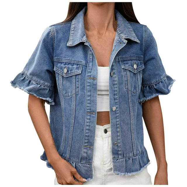 Floleo Veste en Denim Classique pour Femmes, Col Rabattu, Manches Courtes, Décontractée, Confortable, Légère, Manteau de Printemps Été (Bleu, G)