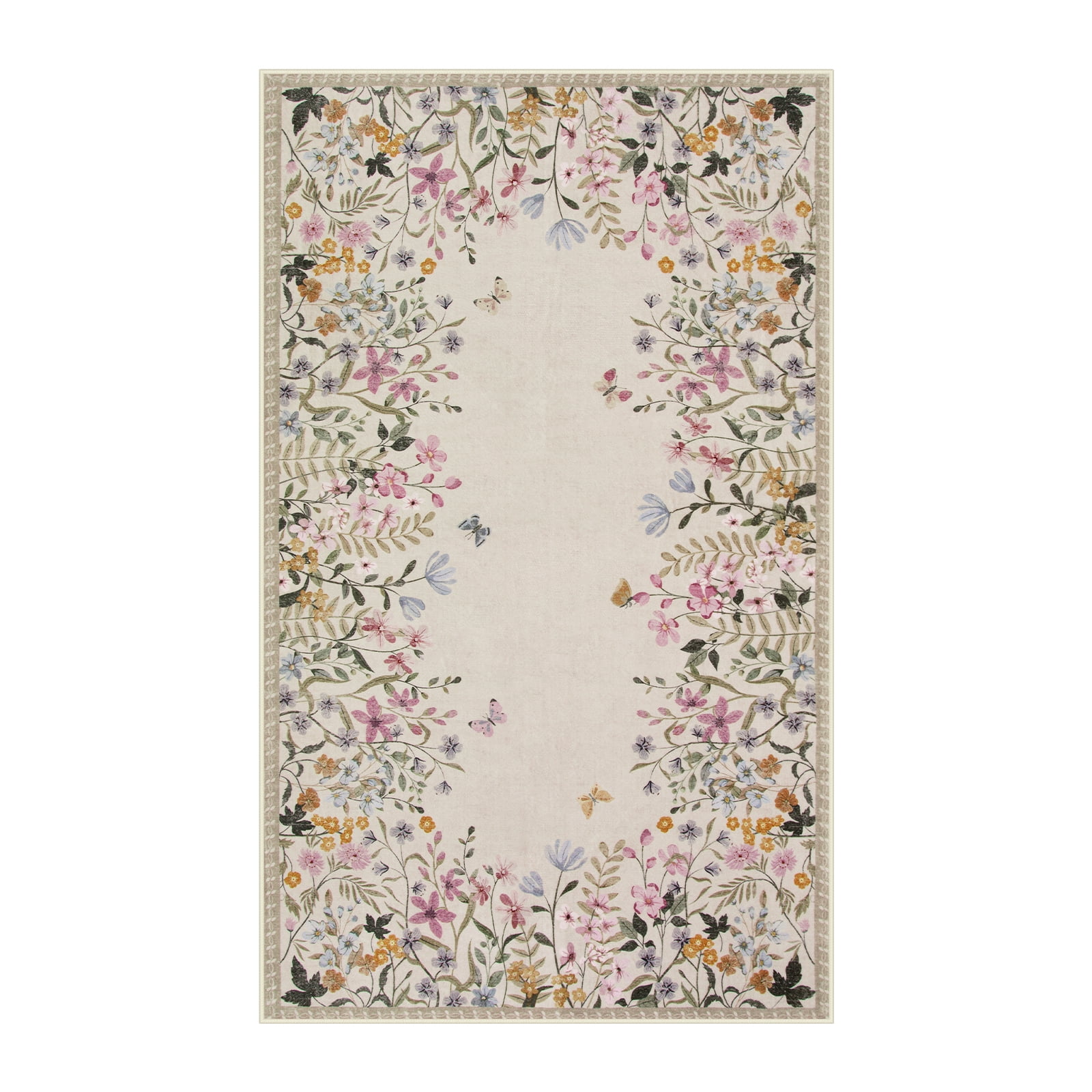 Wonnitar 4'x6' Floral Area Rugs for Living Room, Washable Rugs for Bedroom Beige Vintage Throw Rugs for Dining Room Sunroom Home Office, Soft Non Slip Stain Resistant