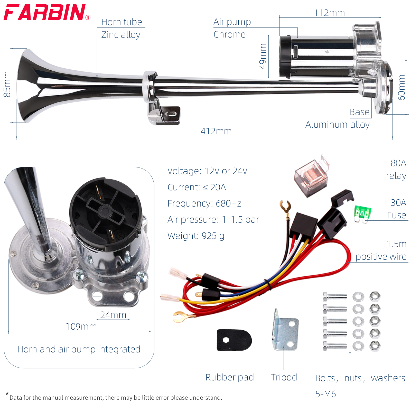 FARBIN Air horn for truck loud truck horn 12v train horn loud car horn airhorn 150db air train horn kit with compressor train horn for car truck horns for pickups (Integrated Single tube, 12V)