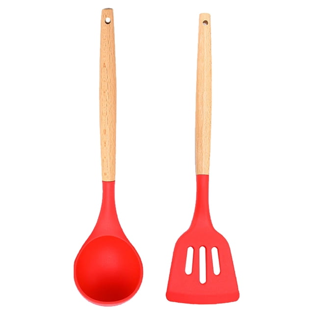 Juego de utensilios de cocina de silicona de 2 piezas con soporte - Juegos de herramientas y utensilios de cocina de regalo de cocina Silicona de madera