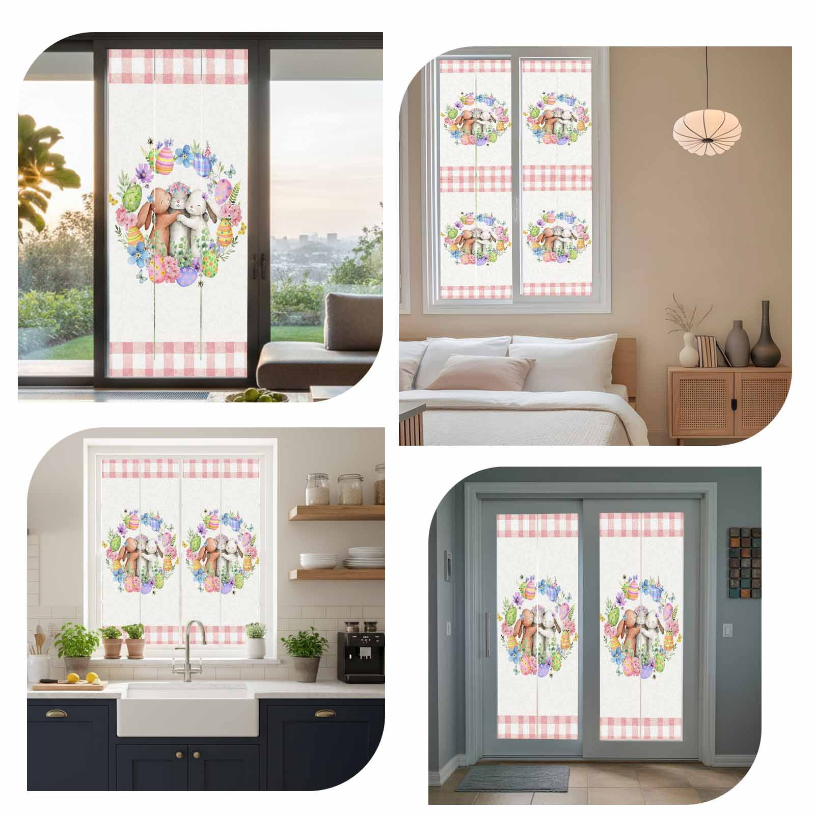 Easter Cute Rabbit Window Privacy Film, Color Eggs Pink Blue Flower Eucalyptus Leaf Pink Plaid Frosted Glass Window Clings Static Cling UV Heat Blocking Reusable Sticker for Bedroom 29.5x118 Inch