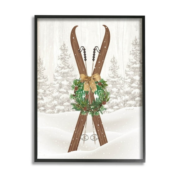 Stupell Industries Winter Skis Holiday Wreath Graphic Art Black Framed Art Print Wall Art, Design by Jennifer Pugh