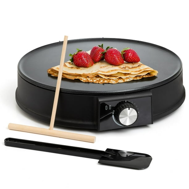 Moss & Stone - Máquina de crepe y sartén eléctrica de 12 pulgadas, fabricante de crepe eléctrico antiadherente con temperatura ajustable, incluye esparcidor y espátula, ideal para panqueques, blintzes