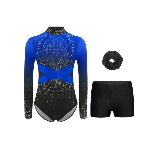 RUNQHUI Kids Girls Rhinestone Long Sleeve Gymnastics Unitard Figure Skating Bodysuit with Shorts Hairband Set Activewear Blue 10