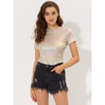thumbnail image 3 of INSPIRE CHIC Women's Party Metallic Textured Short Sleeve Shiny Multicolor Top Beige L, 3 of 5