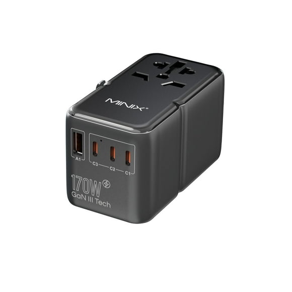 MINIX 170W Universal Travel Adapter GaN III Travel Adapter Worldwide with 3 USB-C & 1 USB-A Ports, International Power Adapter Compatible with US/UK/EU/AU for