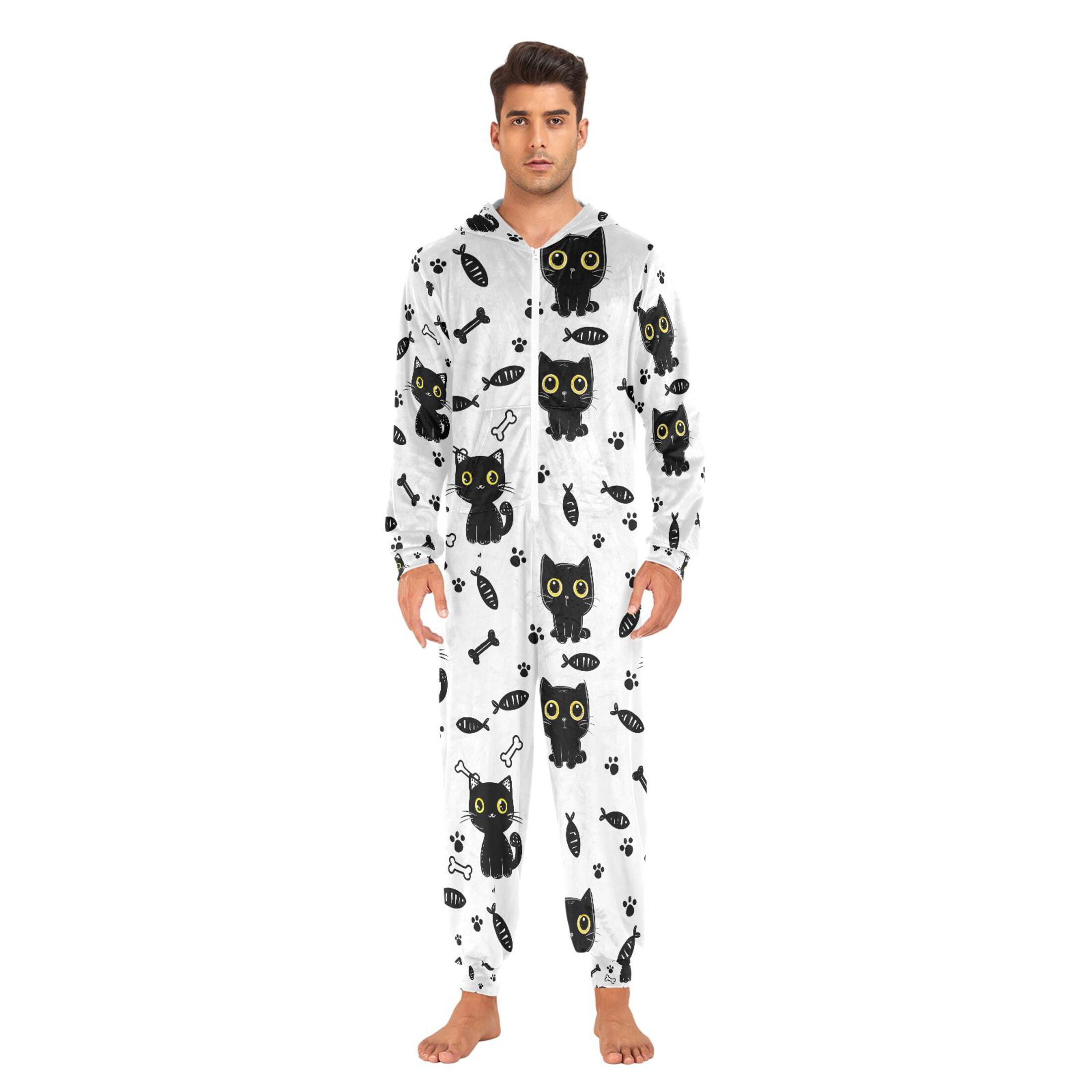 Adult Christmas Onesie Black Cat Footprint Adult Zipper One-Piece Pajamas Unisex Pajamas with Pockets