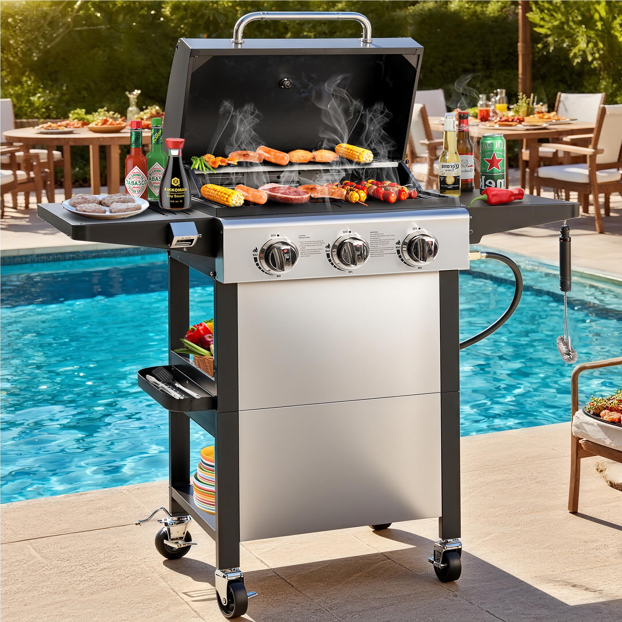 BBQ Grill, Seizeen 30,000 BTU 3-Burner Gas Grill Portable, Backyard Camping Propane Grill with Daul Zone, Foldable Table, Hanging Basket, Steel Brush, Universal Wheels