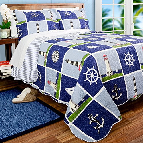 Lighthouse, Sailboat & Anchors Twin Quilt & Sham (2 Piece Bedding