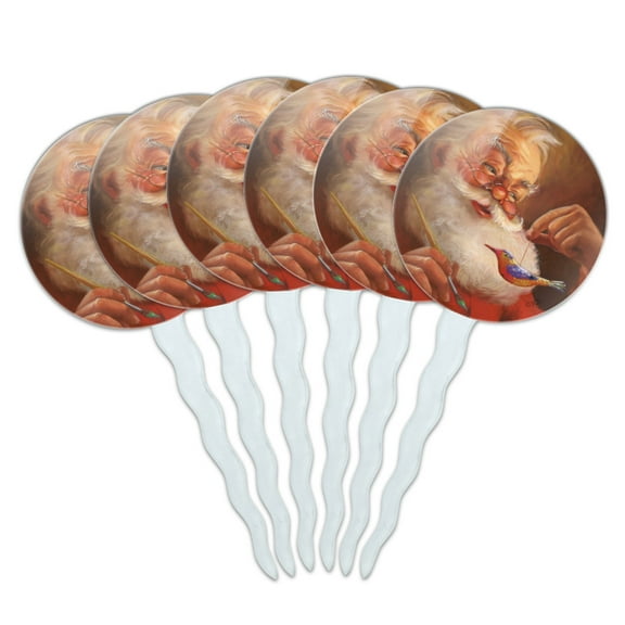 Christmas Holiday Santa Painting Tree Ornament Cupcake Picks Toppers Decoration Set of 6