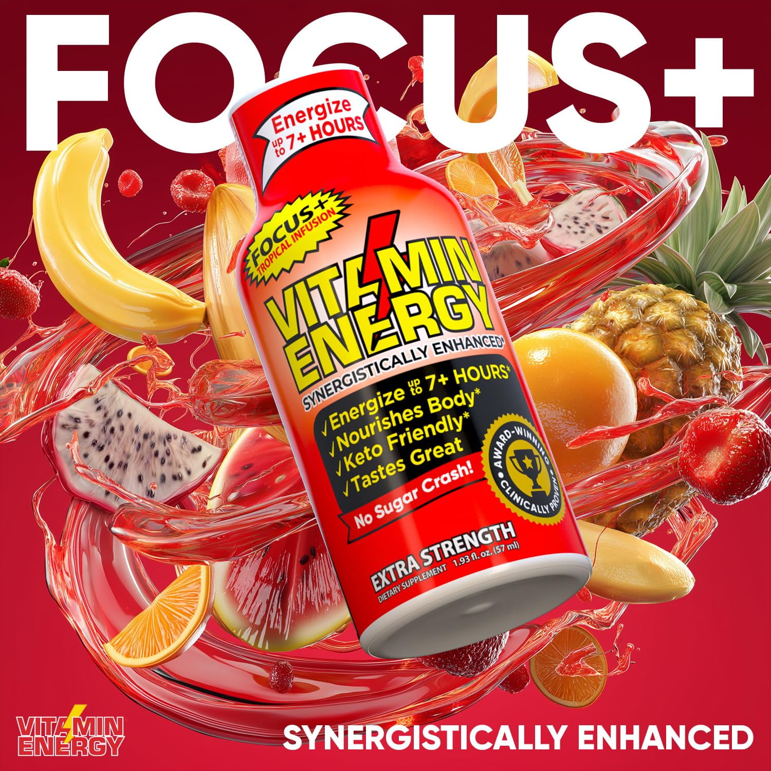 Vitamin Energy Focus+ Extra Strength Shot, Tropical Infusion, 12 Pack – 260mg Natural Caffeine, CoQ10 & B-Vitamins, Zero Sugar, 1.93 fl oz