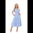 thumbnail image 1 of Vestido de Larga con Cuello en V, Plisado y Mangas Abullonadas, Azul , Talla M, 1 of 4