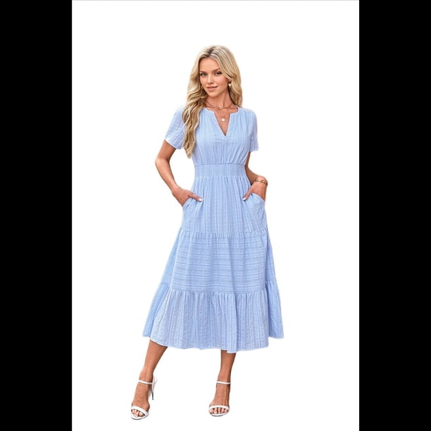 Vestido de Larga con Cuello en V, Plisado y Mangas Abullonadas, Azul L