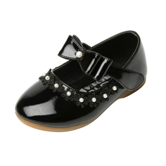 GiLiling Girls Mary Jane Flats, Closed-Toe PU Leather Ballet Flats with Pearl Bow Strap Lace Trim, Flat Heel for Formal Occasions (Black, 10-10.5 Years)