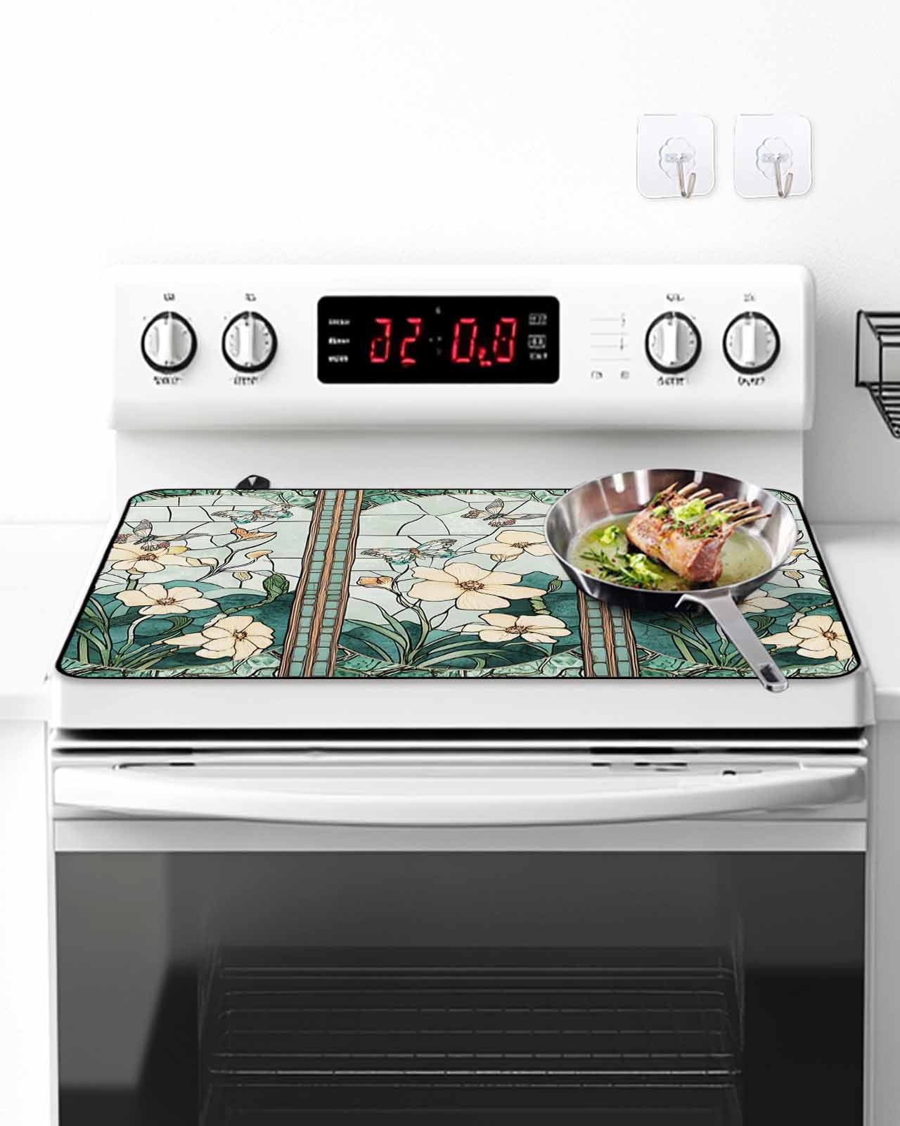 Stove Top Covers for Electric Stove, Spring Glass Stovetop Cover Protector, Butterfly Summer Botanical Flower Induction Cooktop Protector Oven Mat for Kitchen Countertop 24"x21"