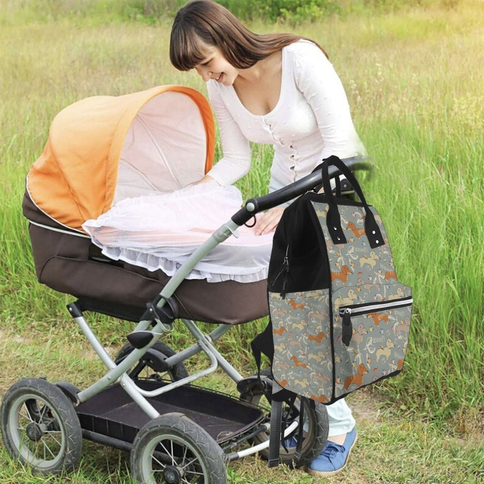 Ratiio Dachshund Dog Bird Mummy Backpack - Waterproof Twill Canvas, Large Capacity Diaper Bag with Multiple Pockets and Adjustable Straps