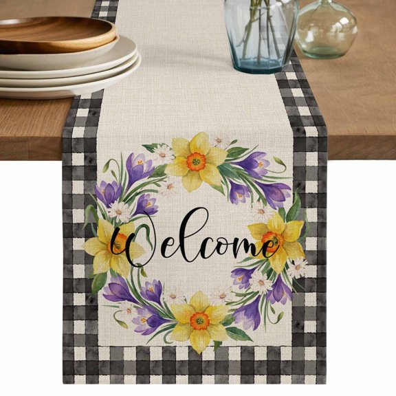 Spring Flowers Table Runner 108 Inches, Country Botanical Leaves Garland Retro Plaid Bed Runner Dresser Scarves Tabletop for Indoor Outdoor Parties/Ceremony/Banquet, 13"x 108"