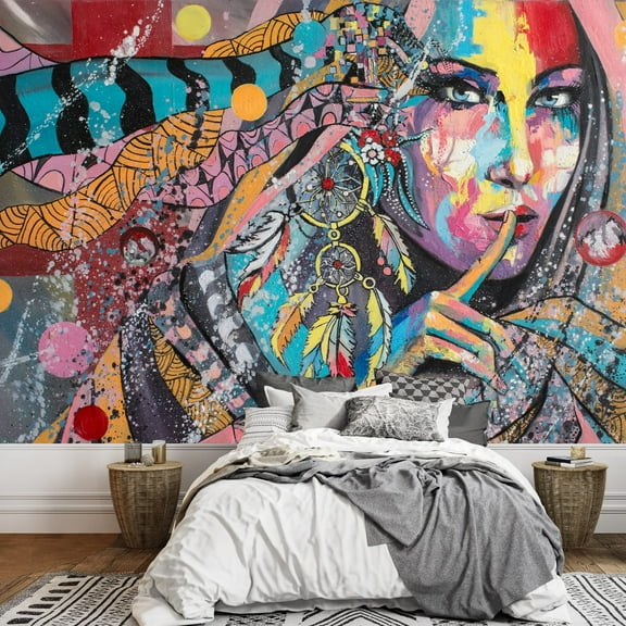 wall26 Fantasy Portrait on a Theme of Dream Catcher Talisman of North American Lacota Tribe - Removable Wall Mural | Self-Adhesive Large Wallpaper - 100x144 inches
