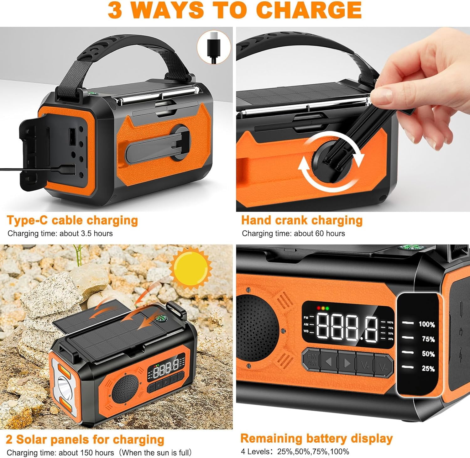 12000mAh Emergency Radio, AM/FM/NOAA Weather Alert Radio, Portable Hand Crank Radio Solar/Type-C Charging Outdoor Radio with Torch & LED Reading Lamp, SOS Alarm, Compass, Power Bank (Orange)