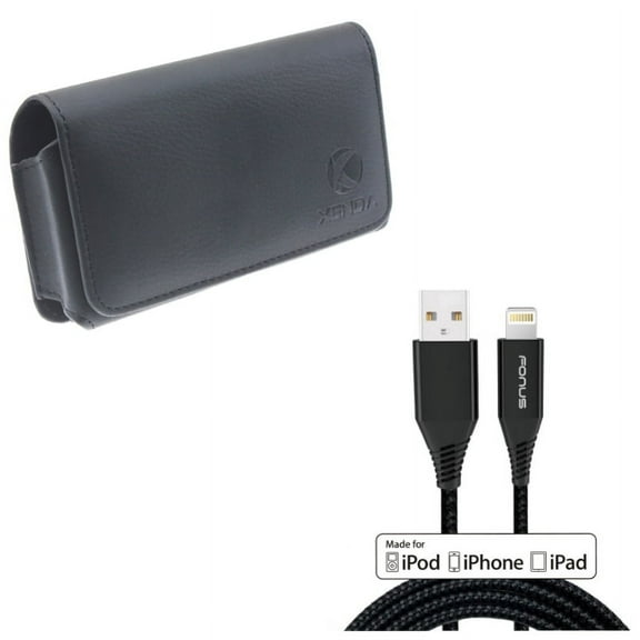 Case Belt Clip w 6ft MFi USB Cable for iPhone 8/7/6S/6 - Leather Swivel Holster Loops Cover, Certified Charger Cord Power Wire Braided for iPhone 8/7/6S/6 Models