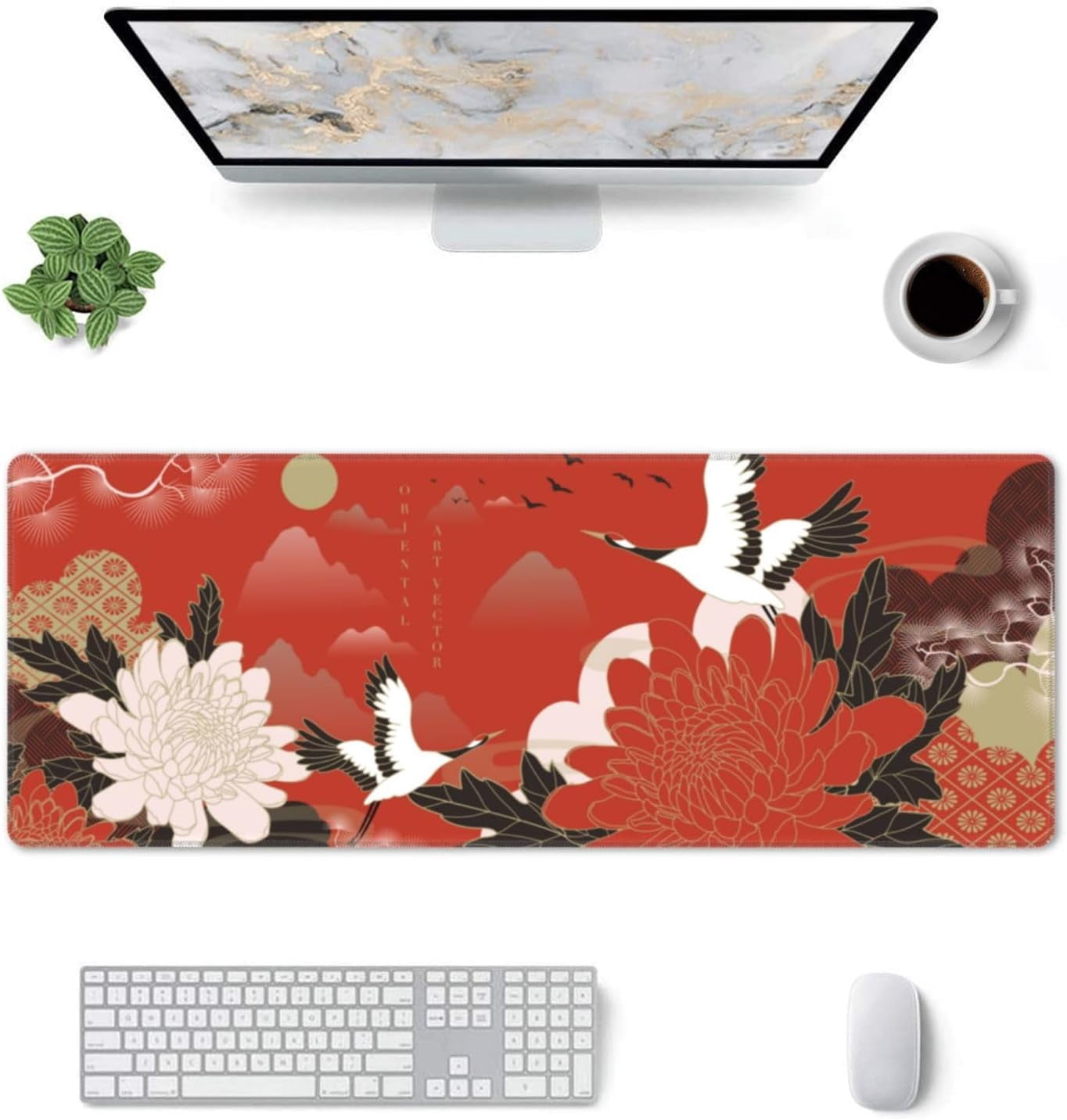 Japanese Crane Birds Mouse Pad, Waterproof Extended Large Gaming Mousepad Desktop, Big Long Non-Slip Mouse Mat for Laptop, Keyboard, Computer for Decor Office, (Red, 31.5 * 11.8 in)