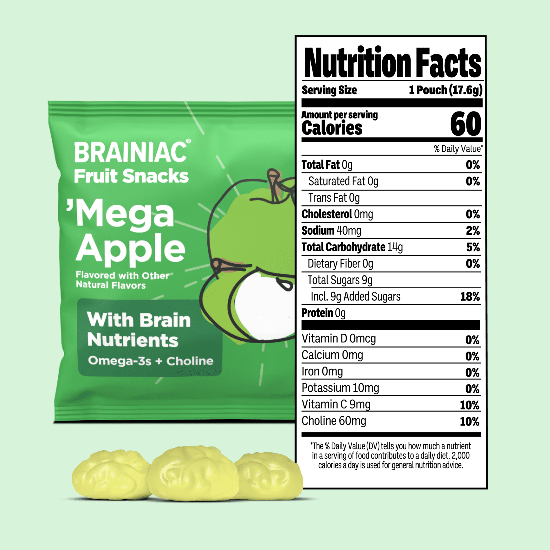(3 pack) Brainiac Fruit Snacks with BrainPack, Sour Apple Flavor, 20 Count