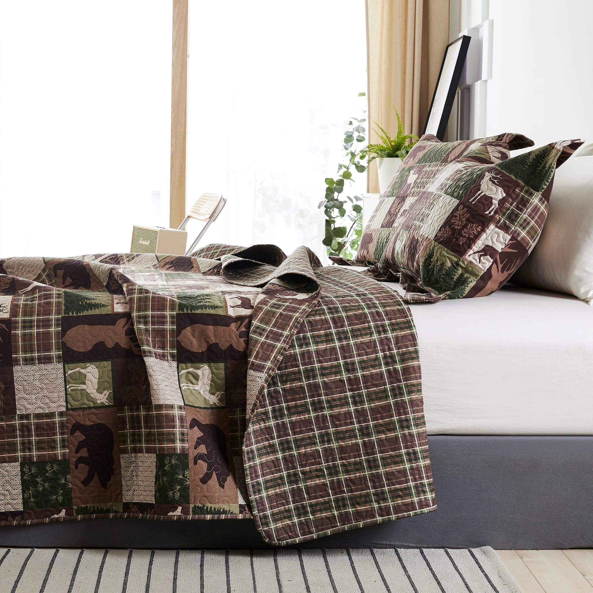 Green Essen Rustic Quilt Sets Queen/Full Size Moose Bear Bedding Reversible Microfiber Bedspread Plaid Coverlet Cabin Decor