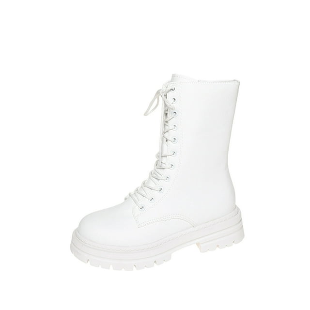 White Women Boots With Lace-Up And Zipper Thick Sole Chunky Heel For Fall Winter Use
