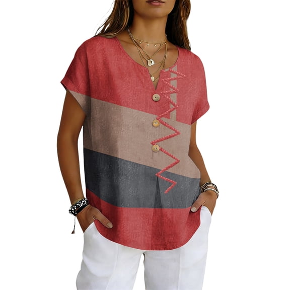 longantii Womens Summer Tops Comfy Cotton Linen Graphic T-Shirts Baggy Vneck Short Sleeve Blouses Gradient Button Down Clothes Red 2XL