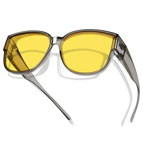 TINHAO Night Vision Driving Glasses Fit Over Eyeglasses for Men Women, Square Polarized Nighttime Glasses Yellow Lens