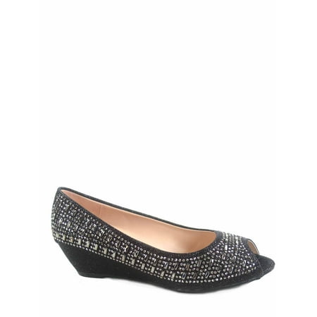 - Fisher-1 Women's Slip On Glitter Rhinstone Open Toe Low Wedge Heel Pump Shoes