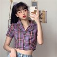 thumbnail image 3 of Camisa de mujer Summer Plaid Manga corta Botón Chaqueta Coat para niñas, Morado Vogacara AP001451-04B, 3 of 7