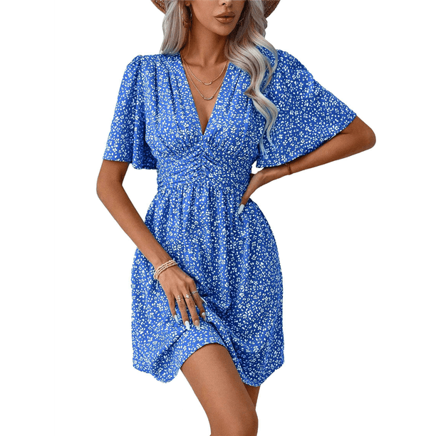 Vestido Corto Informal de Verano con Estampado Floral y Mangas con Vuelo para Mujer, Vestido Veraniego con Cuello en V. Azul XL
