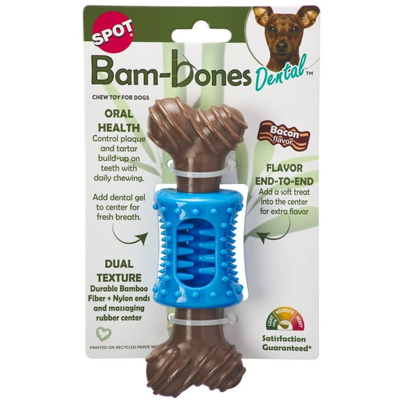 SPOT Bam-Bones Plus Dental Chew Bone Dog Toy, 6.5", Bacon Flavor, Bamboo Fiber & Nylon, Long Lasting Dog Chew for Aggressive Chewers & Teething Puppies