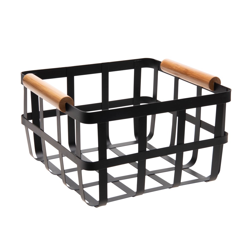 Simplify Square Metal Basket with Bamboo Handles in Black