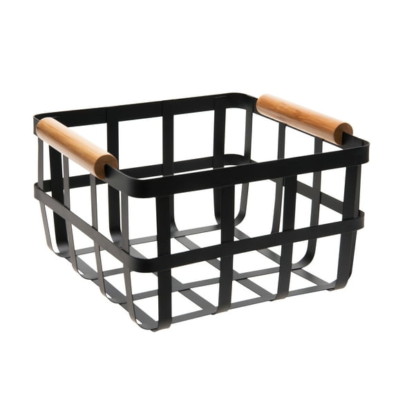 Simplify Square Metal Storage Basket with Bamboo Handles in Black