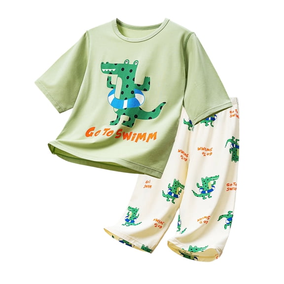 Boys Outfits Dinosaur Print Short Sleeve Crew Neck T-Shirt Top And Trousers 2 Piece Loungewear Boys' Clothing Sets Size 18-24 Months