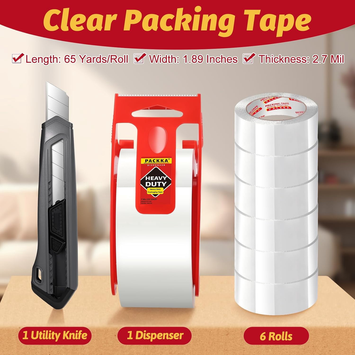 Heavy duty packing tape for moving boxes and packaging supplies, total 390 yards, 6 rolls transparent moving tape with tape dispenser and utility knife, 1.89 inches 65 yards, mailing and moving suppl