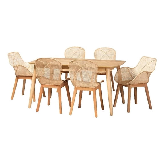 Baxton Studio Emmali Natural Brown Finished Wood and Rattan 7-Piece Dining Set