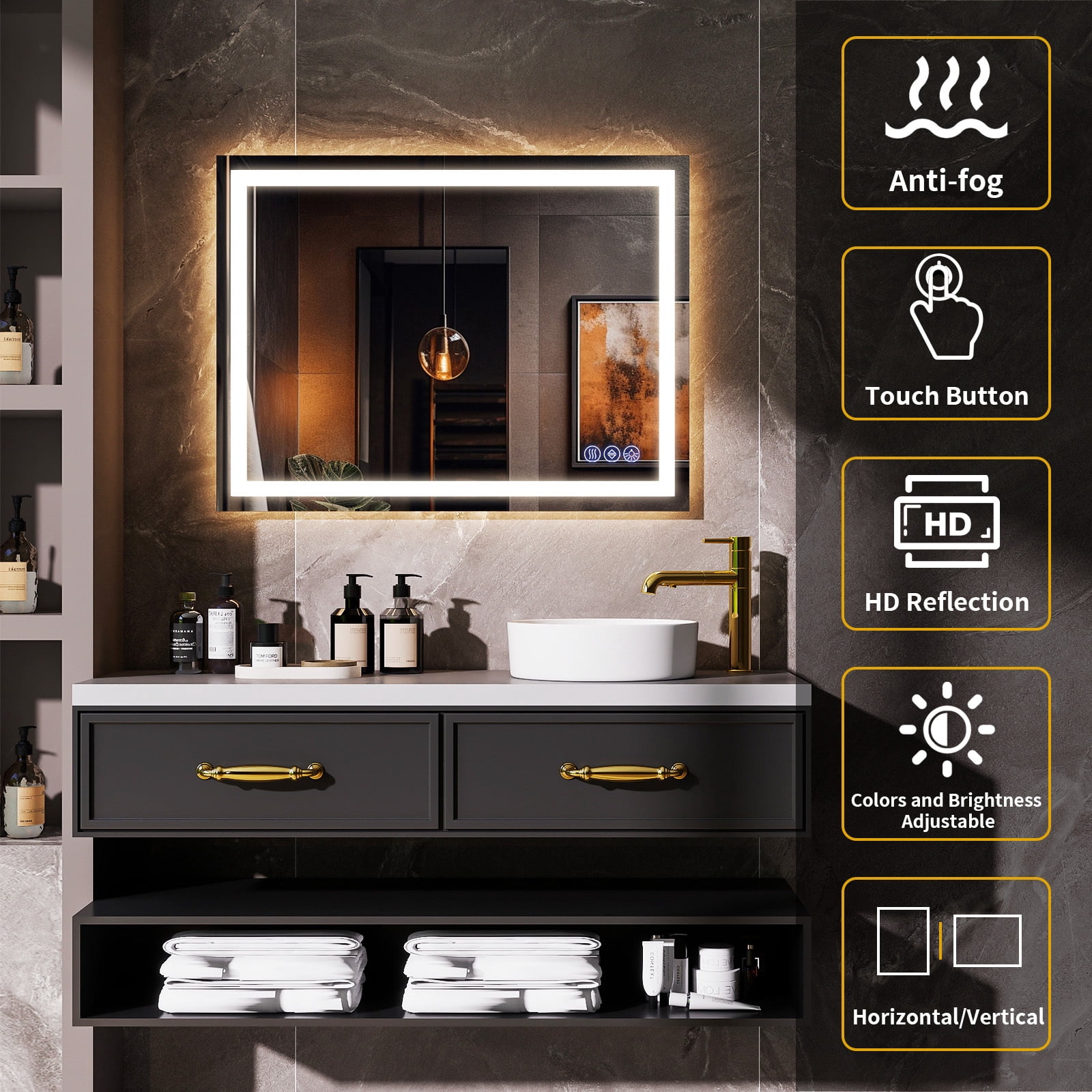 Easy4Home 26"x38" LED Bathroom Mirror Wall Mounted Anti-Fog Vanity Mirror with Adjustable Lights, White