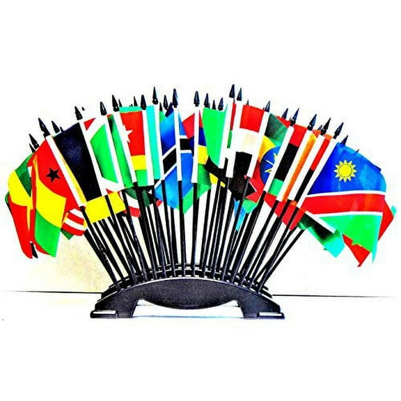 AFRICAN UNION WORLD FLAG SET with three 20-hole bases--52 Polyester 4"x6" Flags, One Flag for each country in the African Union, 4x6 Miniature Desk & Table Flags, Small Mini Stick Flags