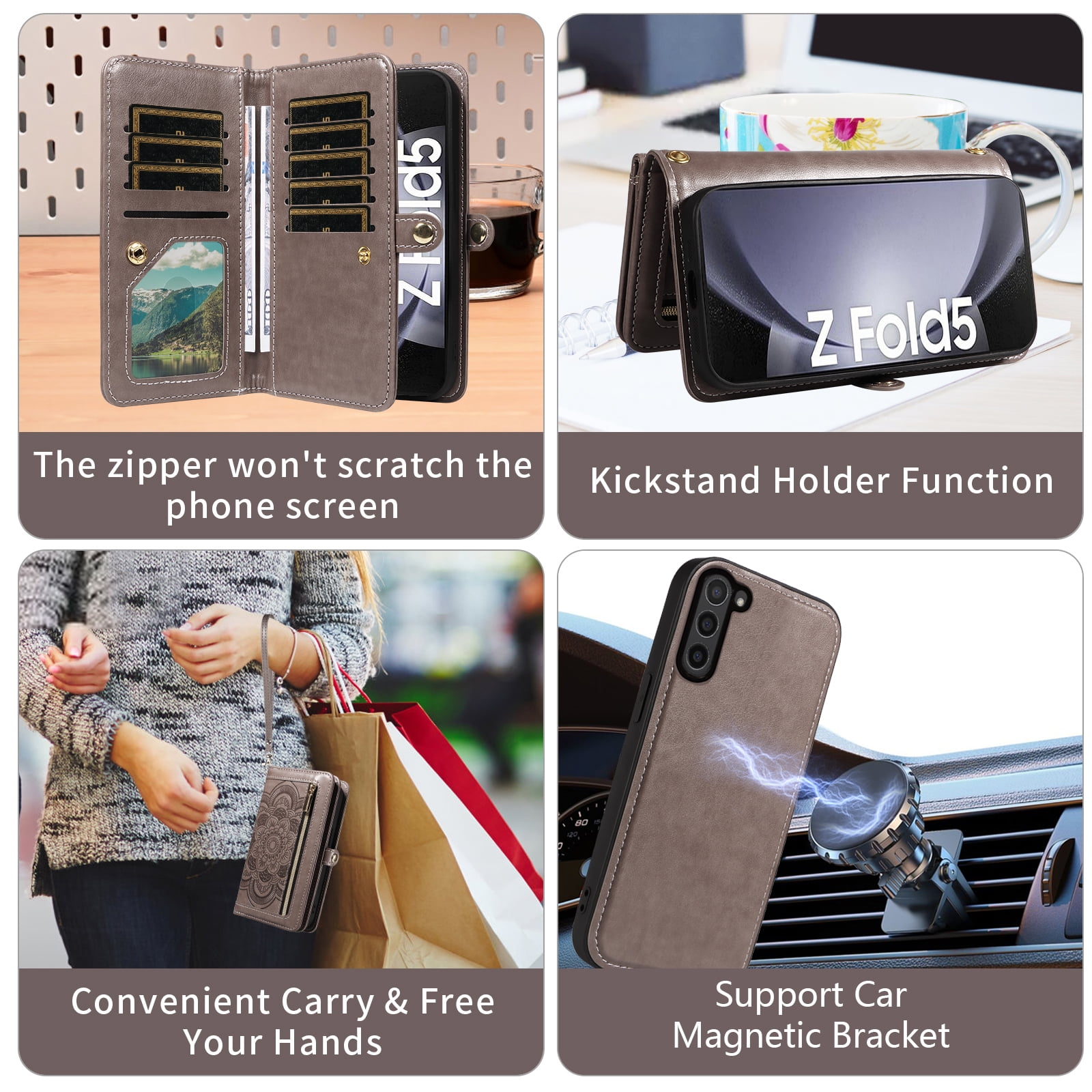 Asuwish Phone Case for Samsung Galaxy Z Fold 5 5G 2023 Zipper Wallet Cell Cover Crossbody Strap Flower Flip Card Holder ZFold5 Z5 G Fold5 ZFold 5Z Women Gray