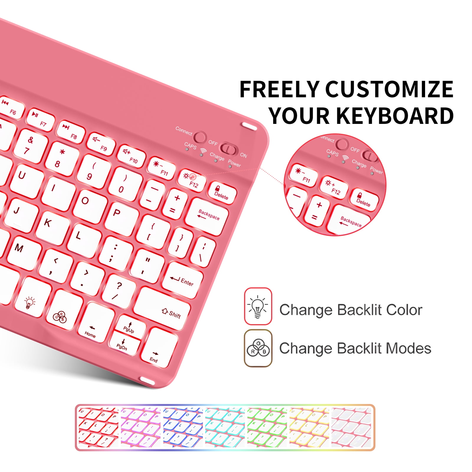 Kenke Case iPad (A16) 11th Generation 11 inch 2025,for iPad 10th Generation 10.9 Inch 2022 with Keyboard - 7 Colors Backlit Wireless Detachable, with Pencil Holder Keyboard Case, (Pink Red)