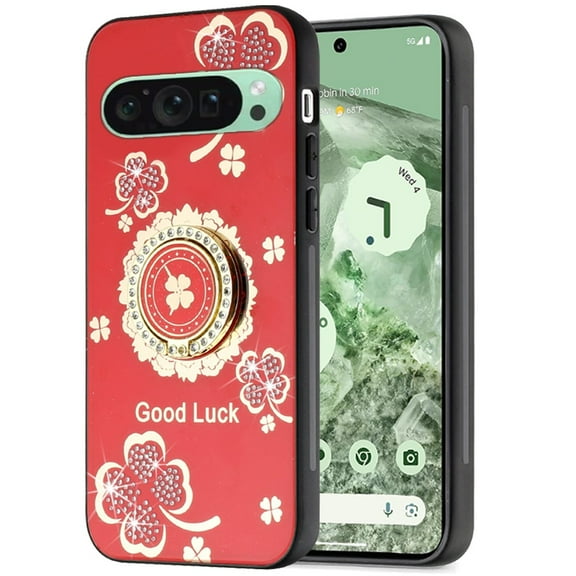 For Google Pixel 9 Pro (6.3 inch) Diamonds 3D Bling Sparkly Glitter Ornaments Engraving Hybrid Ring Stand Cover ,Xpm Phone Case [ Red Good Luck Floral ]