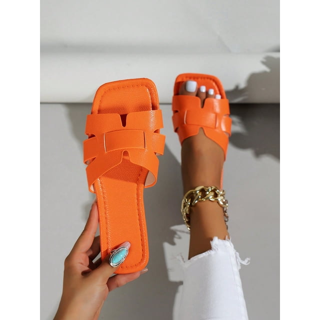 Women's Orange Snake Print Flat Sandals, Orange Women's Flat Sandals